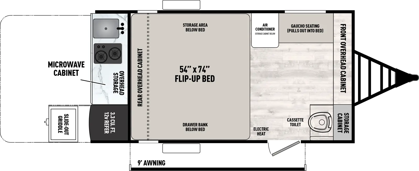 The Viking 9000 Series & 12000 Series 12000ROK floorplan has one entry and zero slide outs. Exterior features include: metal exterior, 9' awning and outside kitchen. 